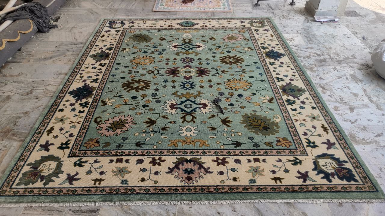 Oushak Mid Century Mint Green Floral Hand Woven Wool Rug