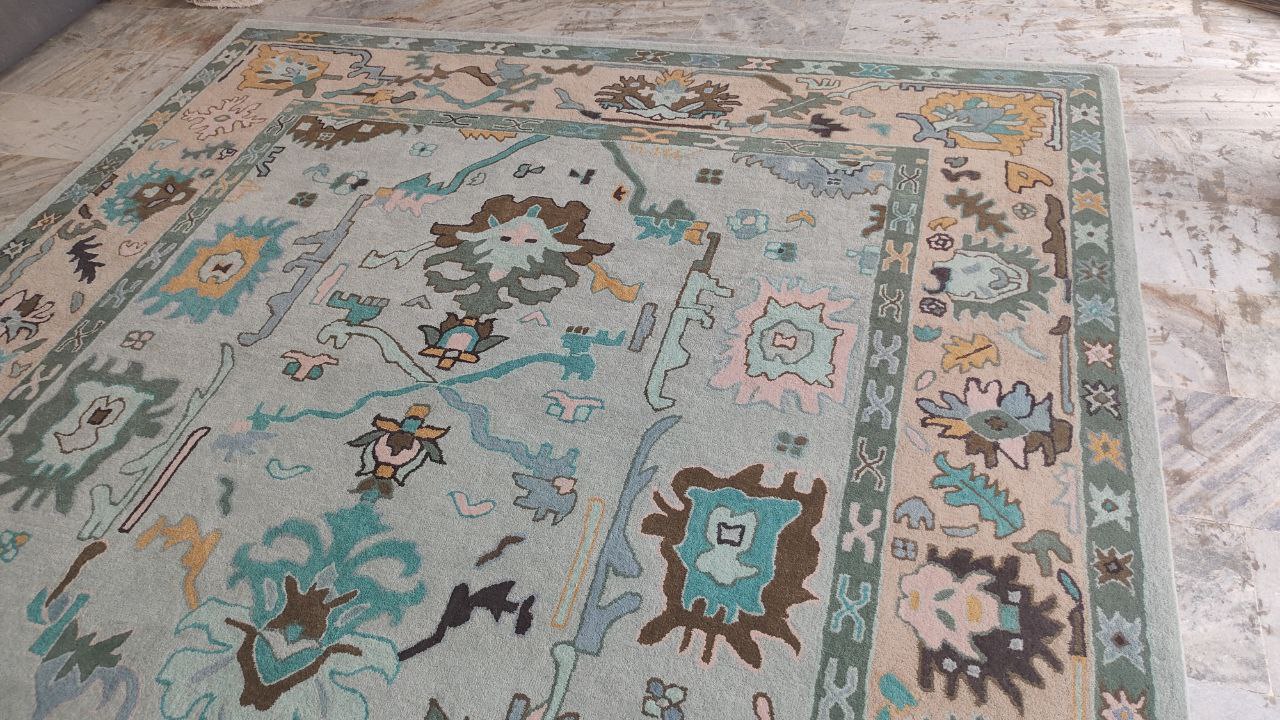 Oushak Hand Woven Rustic Boho Rug, Light Blue Beige Oriental Vintage Rug