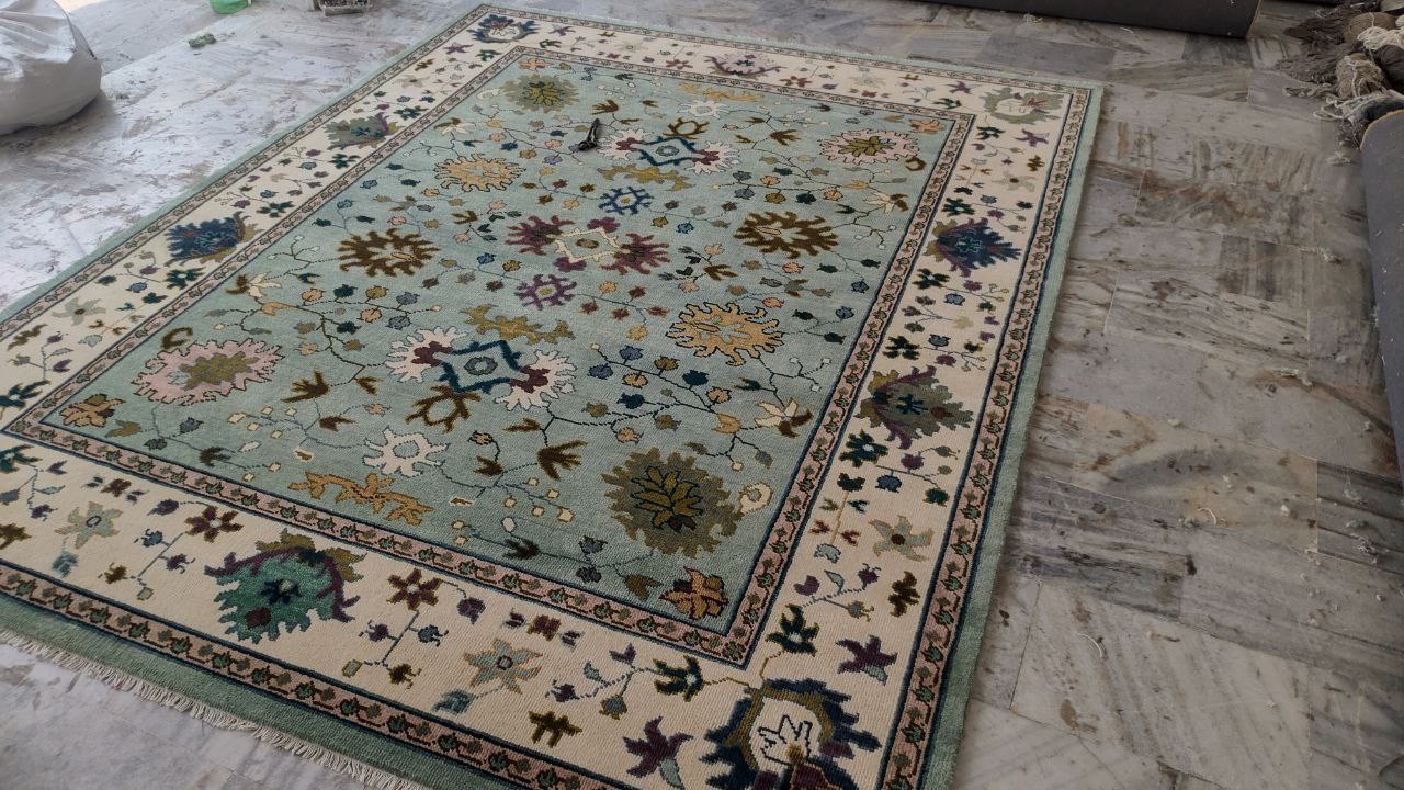 Oushak Mid Century Mint Green Floral Hand Woven Wool Rug