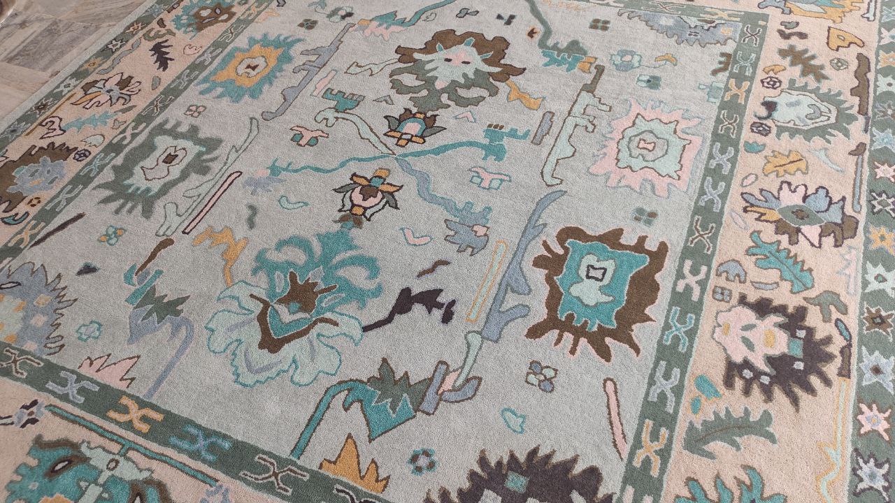 Oushak Hand Woven Rustic Boho Rug, Light Blue Beige Oriental Vintage Rug