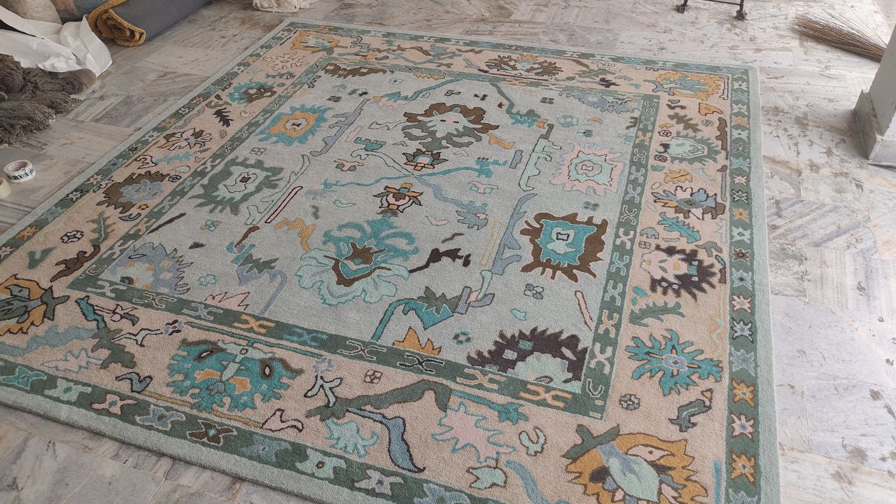 Oushak Hand Woven Rustic Boho Rug, Light Blue Beige Oriental Vintage Rug