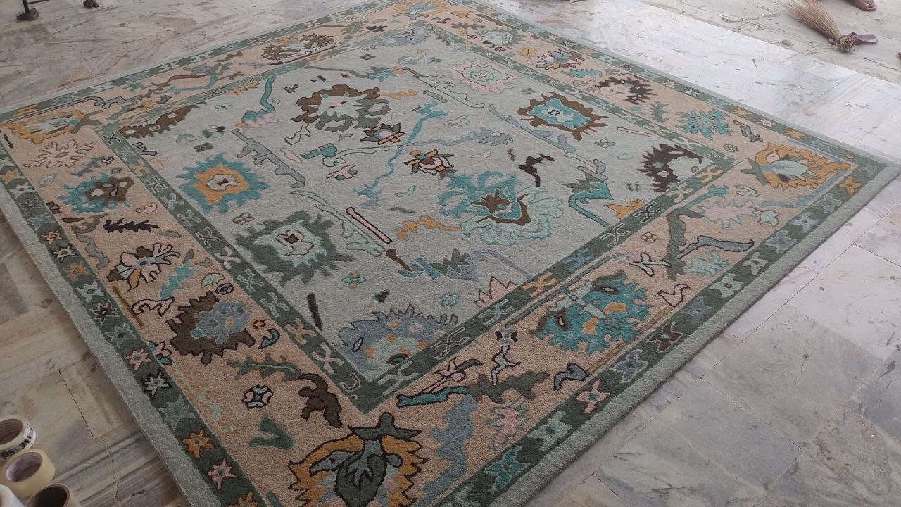 Oushak Hand Woven Rustic Boho Rug, Light Blue Beige Oriental Vintage Rug
