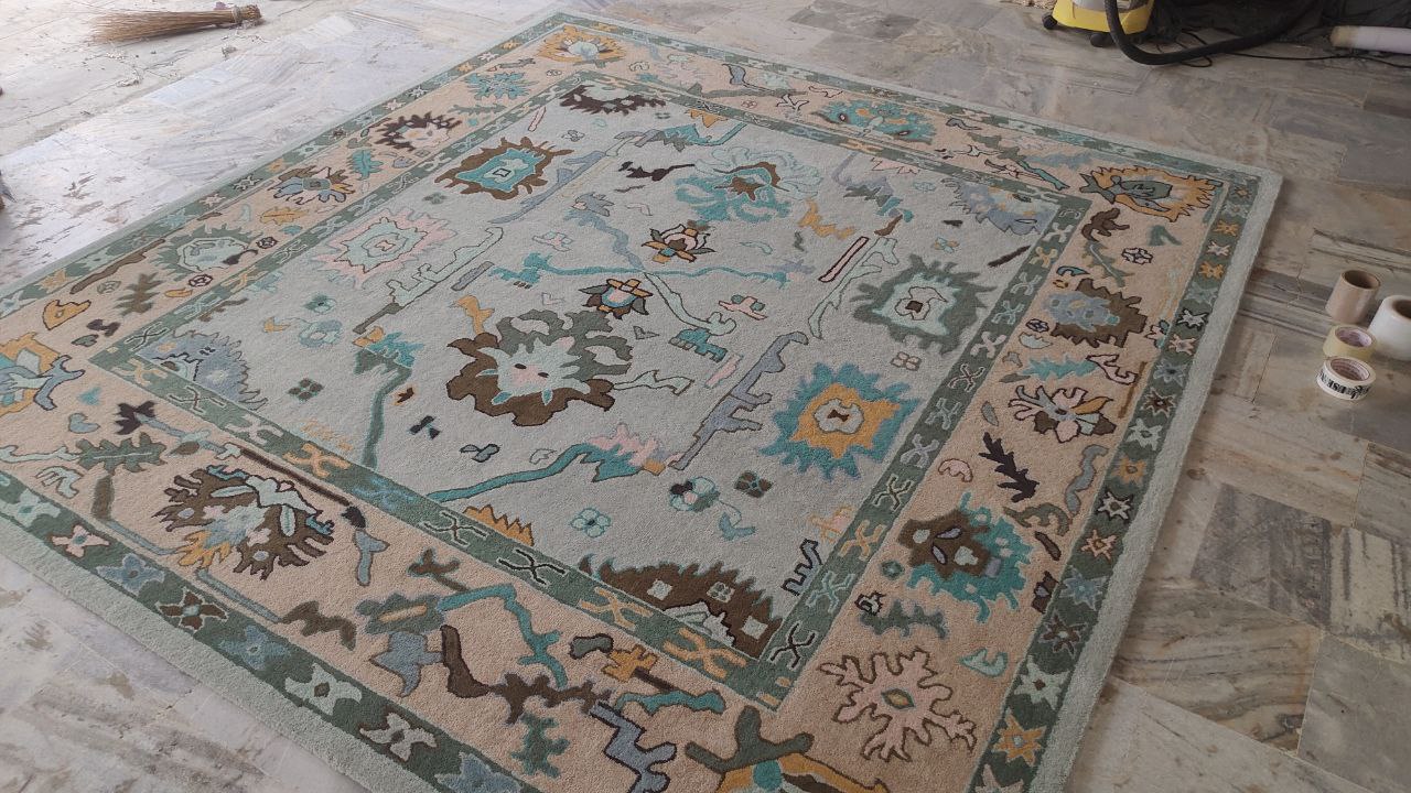 Oushak Hand Woven Rustic Boho Rug, Light Blue Beige Oriental Vintage Rug