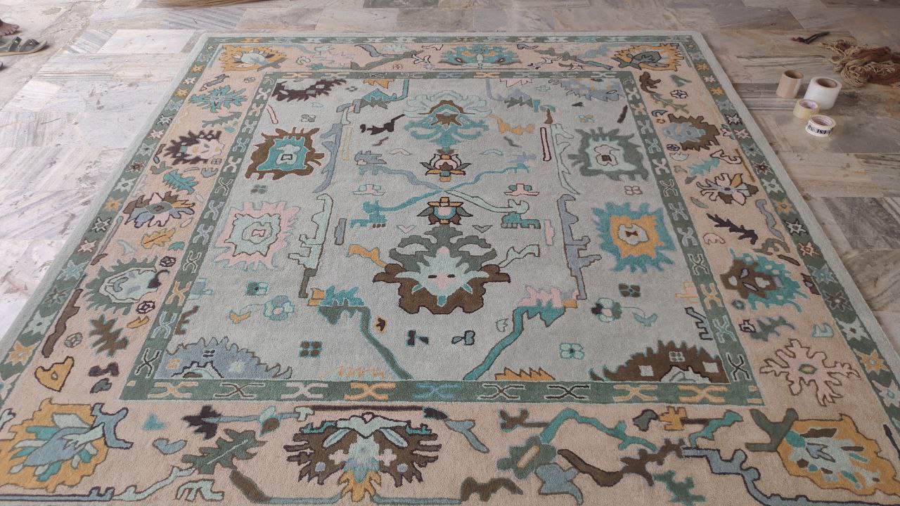 Oushak Hand Woven Rustic Boho Rug, Light Blue Beige Oriental Vintage Rug