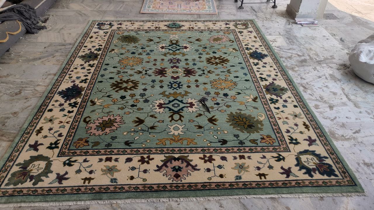 Oushak Mid Century Mint Green Floral Hand Woven Wool Rug