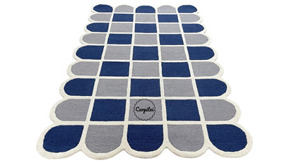 Modern Blue Grid Tufted Rug – Geometric Grey Cream Wool Carpet with Scalloped Edges
