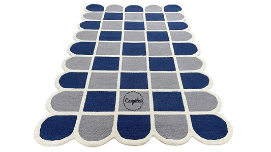 Modern Blue Grid Tufted Rug – Geometric Grey Cream Wool Carpet with Scalloped Edges