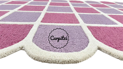 Modern Purple Grid Tufted Rug – Geometric Lilac Magenta Wool Carpet with Scalloped Edges