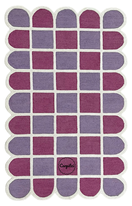 Modern Purple Grid Tufted Rug – Geometric Lilac Magenta Wool Carpet with Scalloped Edges
