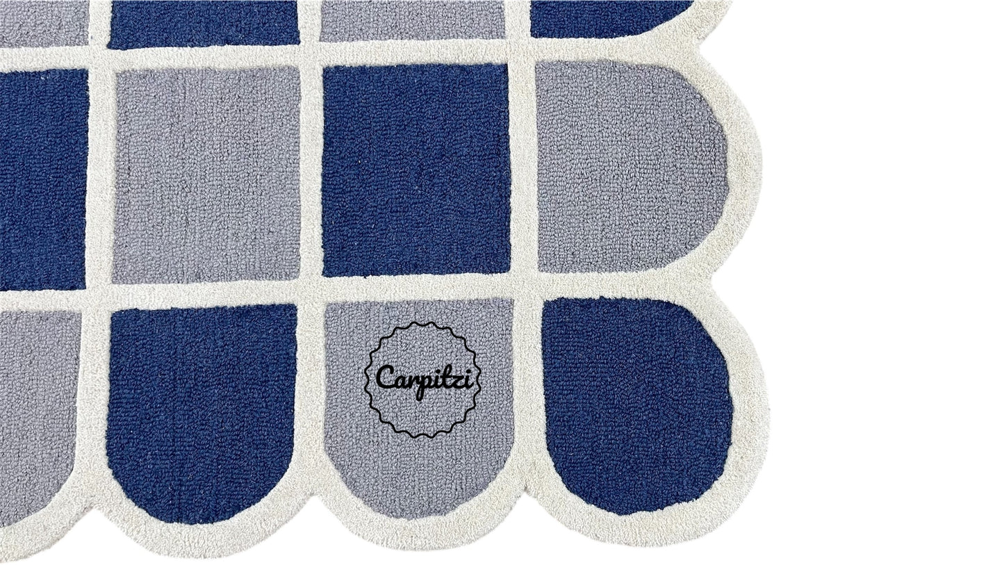 Modern Blue Grid Tufted Rug – Geometric Grey Cream Wool Carpet with Scalloped Edges