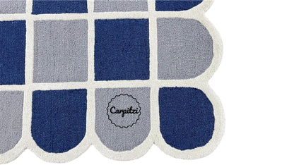 Modern Blue Grid Tufted Rug – Geometric Grey Cream Wool Carpet with Scalloped Edges