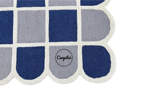Modern Blue Grid Tufted Rug – Geometric Grey Cream Wool Carpet with Scalloped Edges