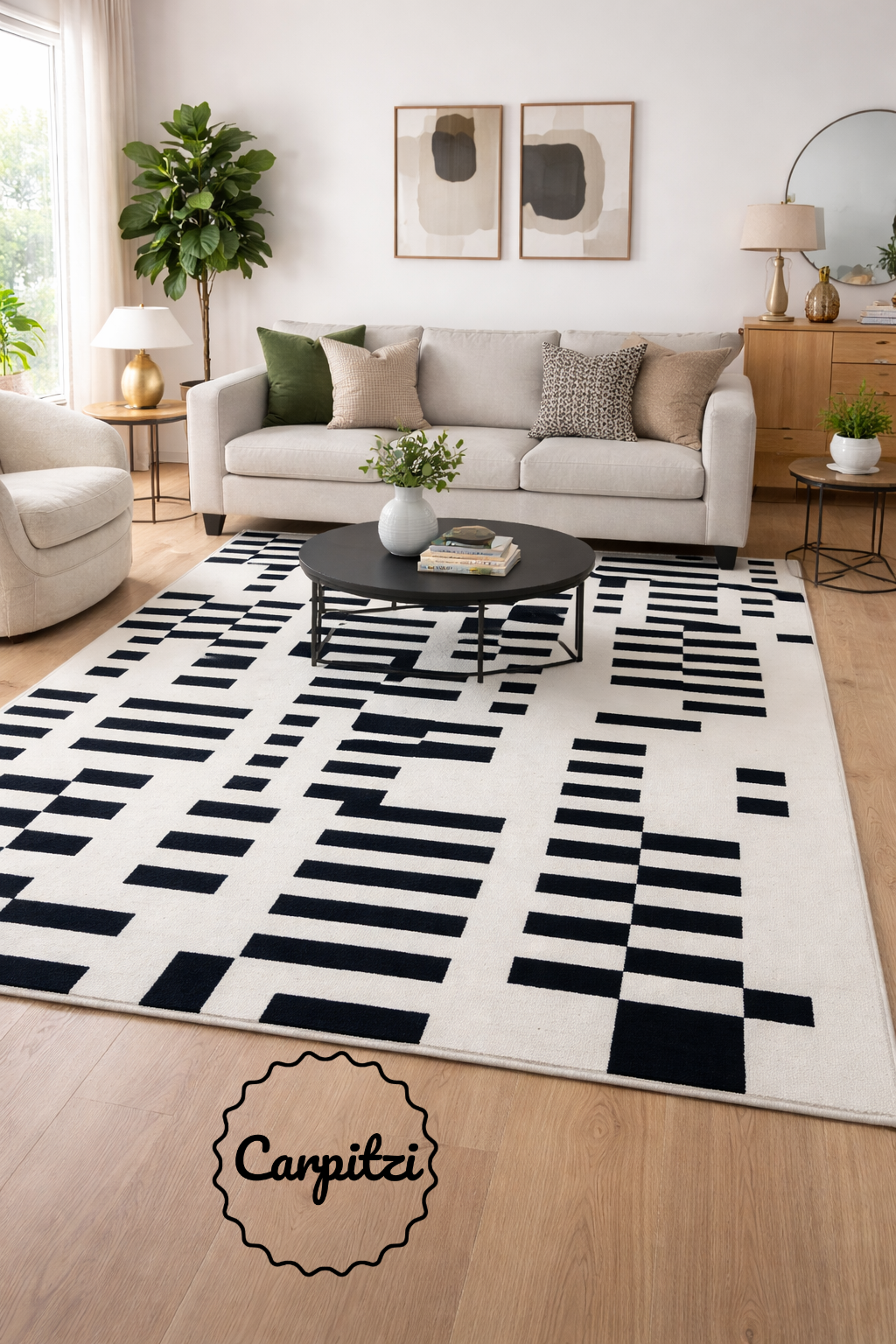 Black White Nordic Geometric Rug | Hand Tufted Modern Scandinavian Area Rug | Carpitzi Carpitzi