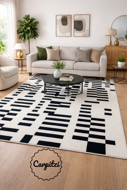 Black White Nordic Geometric Rug | Hand Tufted Modern Scandinavian Area Rug | Carpitzi Carpitzi