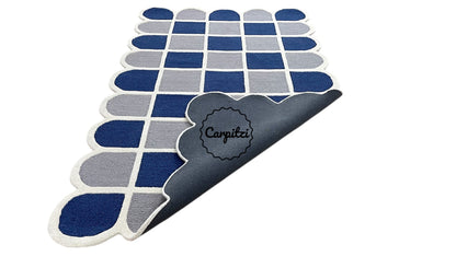 Modern Blue Grid Tufted Rug – Geometric Grey Cream Wool Carpet with Scalloped Edges