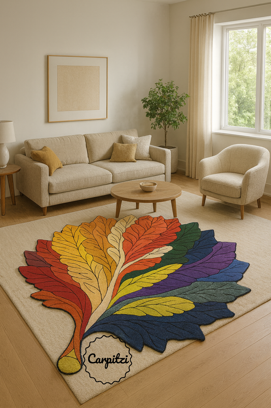 Multicolor Leaf Shaped Tufted Rug – Artistic Modern Accent Rug for Living Room & Bedroom Carpitzi