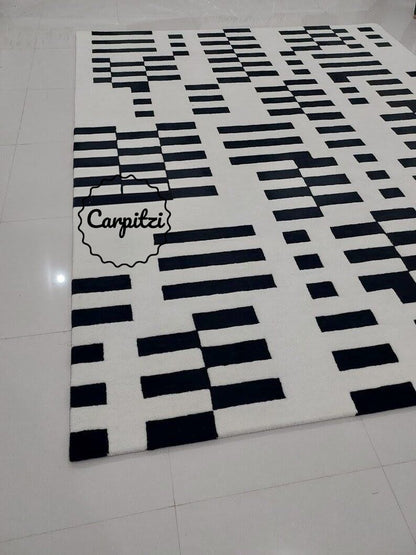 Black White Nordic Geometric Rug | Hand Tufted Modern Scandinavian Area Rug | Carpitzi Carpitzi