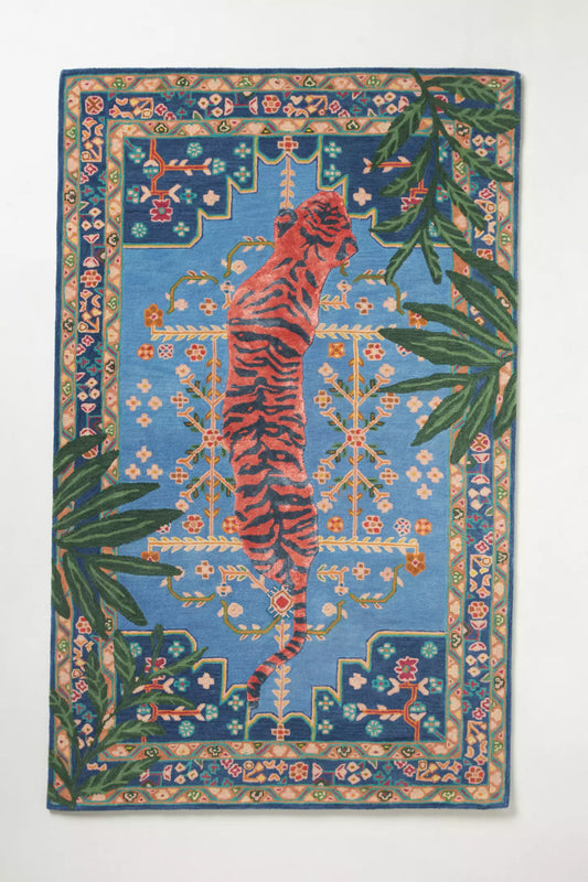 Bengal Tiger Botanical Tufted Rug – Handcrafted Jungle-Inspired Wool Carpet for Living Room