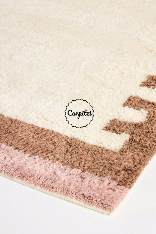 Pink Brown Geometric Tufted Wool Rug with Modern Border Carpitzi