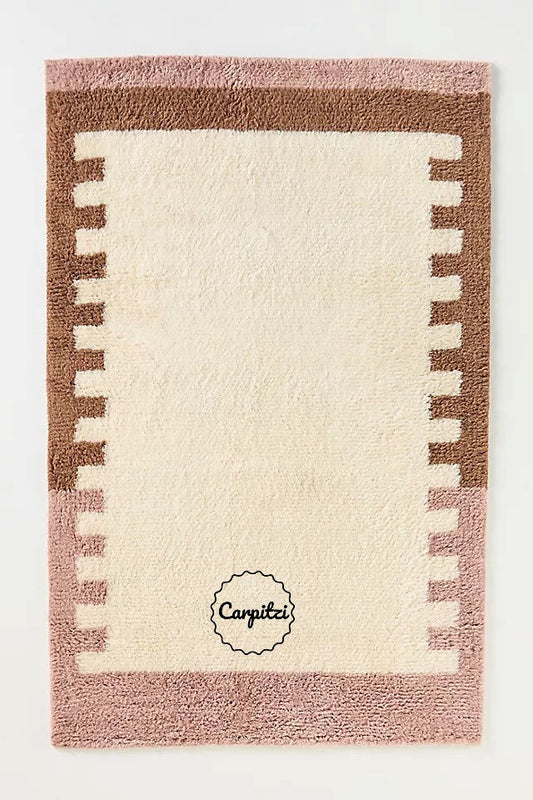Pink Brown Geometric Tufted Wool Rug with Modern Border Carpitzi