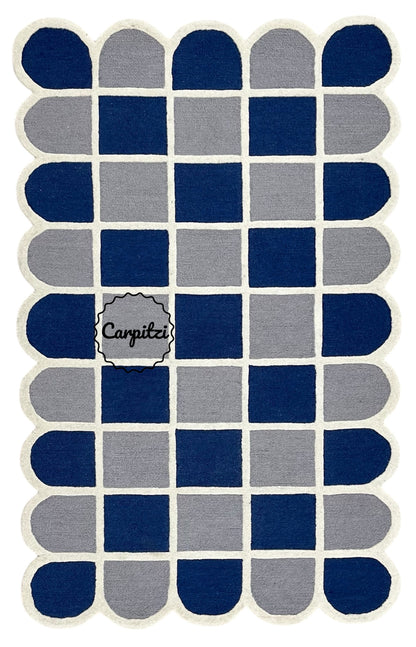 Modern Blue Grid Tufted Rug – Geometric Grey Cream Wool Carpet with Scalloped Edges