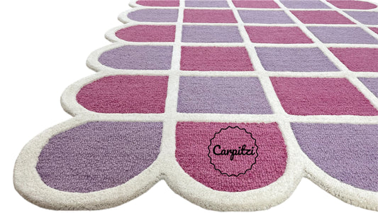 Modern Purple Grid Tufted Rug – Geometric Lilac Magenta Wool Carpet with Scalloped Edges