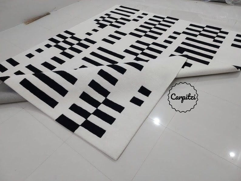 Black White Nordic Geometric Rug | Hand Tufted Modern Scandinavian Area Rug | Carpitzi Carpitzi