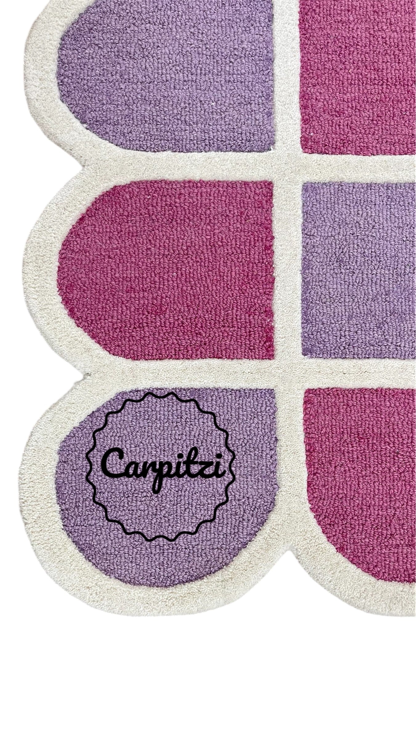 Modern Purple Grid Tufted Rug – Geometric Lilac Magenta Wool Carpet with Scalloped Edges