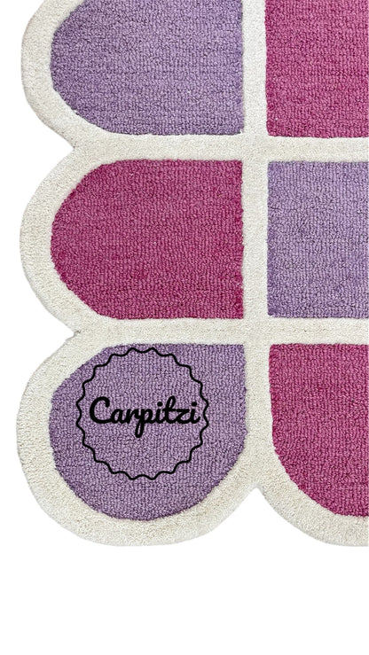 Modern Purple Grid Tufted Rug – Geometric Lilac Magenta Wool Carpet with Scalloped Edges