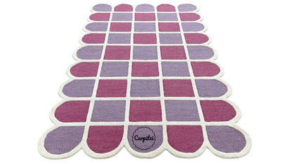 Modern Purple Grid Tufted Rug – Geometric Lilac Magenta Wool Carpet with Scalloped Edges