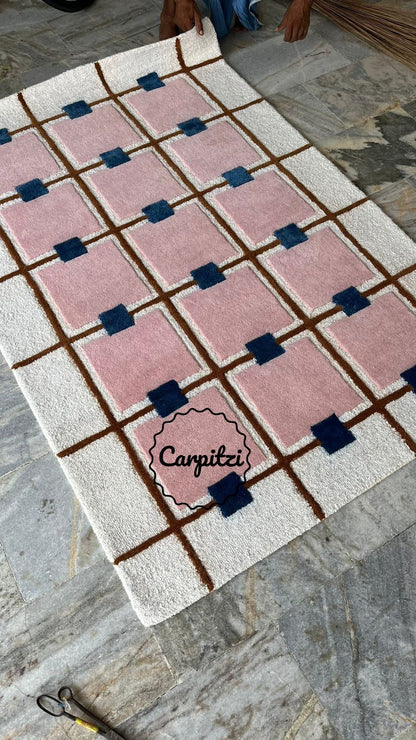 Modern Pink Grid Tufted Rug – Geometric Wool Area Carpet for Living Room- 8x10, 9x12 Rug Carpitzi