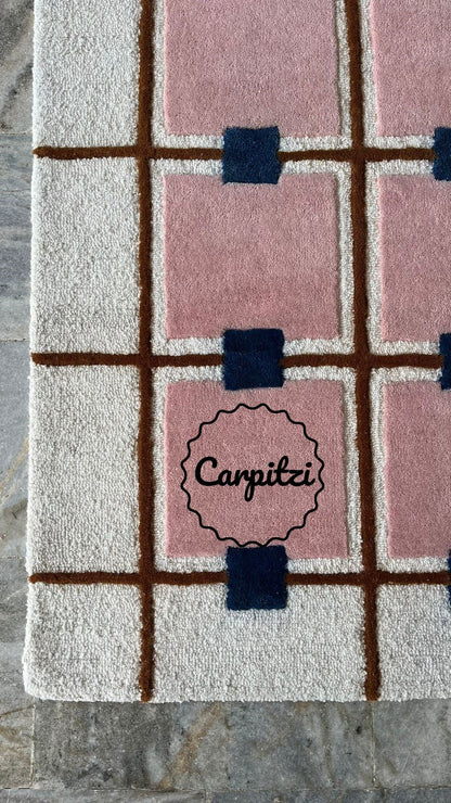 Modern Pink Grid Tufted Rug – Geometric Wool Area Carpet for Living Room- 8x10, 9x12 Rug Carpitzi
