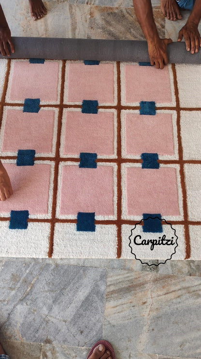 Modern Pink Grid Tufted Rug – Geometric Wool Area Carpet for Living Room- 8x10, 9x12 Rug Carpitzi
