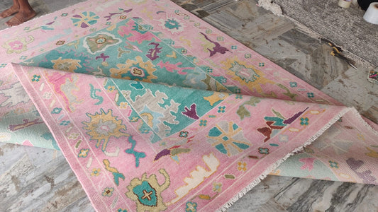 Handmade Turkish Oushak Rug–Pastel Pink and Aqua Blue Wool Rug,