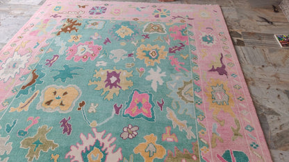 Handmade Turkish Oushak Rug–Pastel Pink and Aqua Blue Wool Rug,
