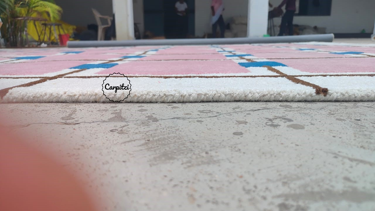 Modern Pink Grid Tufted Rug – Geometric Wool Area Carpet for Living Room- 8x10, 9x12 Rug Carpitzi