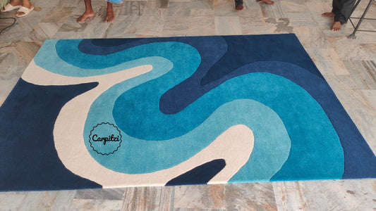 Modern Blue Wave Tufted Rug – Abstract Ocean-Inspired Wool Carpet for Living Room