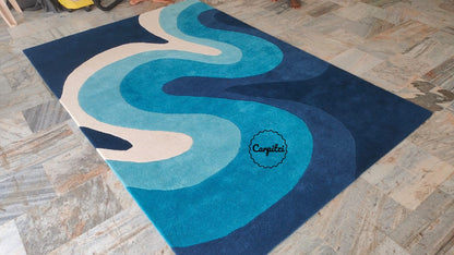 Modern Blue Wave Tufted Rug – Abstract Ocean-Inspired Wool Carpet for Living Room
