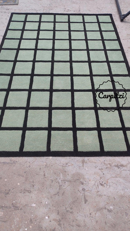 Sage Green Checkered Rug – Hand-Tufted Wool Grid Pattern Area Rug- 8x10, 9x12 Rug Carpitzi