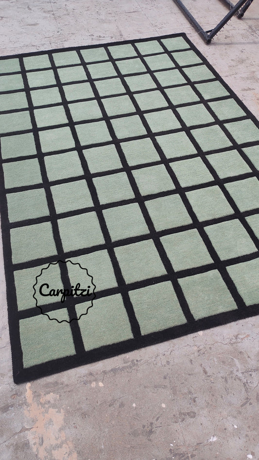 Sage Green Checkered Rug – Hand-Tufted Wool Grid Pattern Area Rug- 8x10, 9x12 Rug Carpitzi