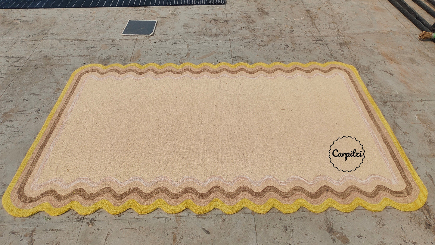 Beige Tufted Rug with Wavy Scallop Border – Modern Handmade Area Rug Carpitzi