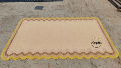 Beige Tufted Rug with Wavy Scallop Border – Modern Handmade Area Rug Carpitzi