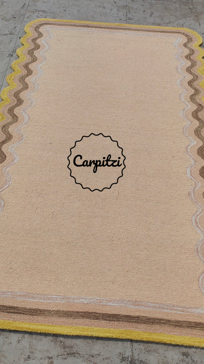 Beige Tufted Rug with Wavy Scallop Border – Modern Handmade Area Rug Carpitzi