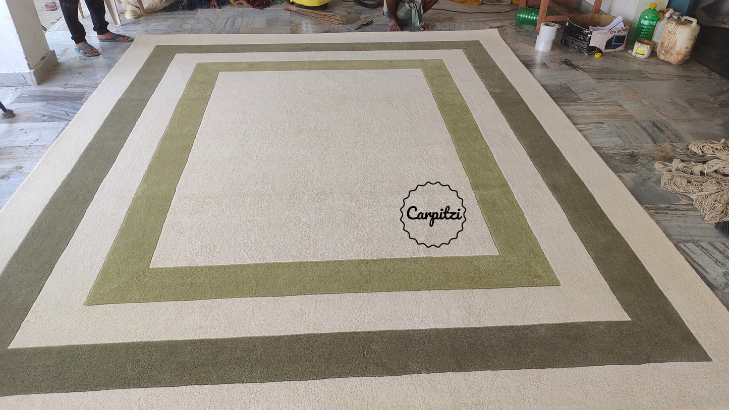 Beige & Olive Green Border Frame Tufted Rug – Minimalist Geometric Carpet Carpitzi