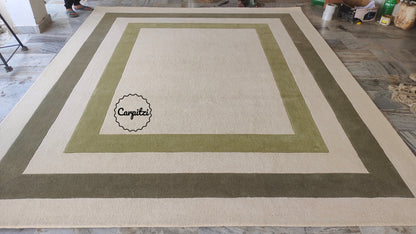 Beige & Olive Green Border Frame Tufted Rug – Minimalist Geometric Carpet Carpitzi