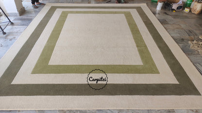Beige & Olive Green Border Frame Tufted Rug – Minimalist Geometric Carpet Carpitzi