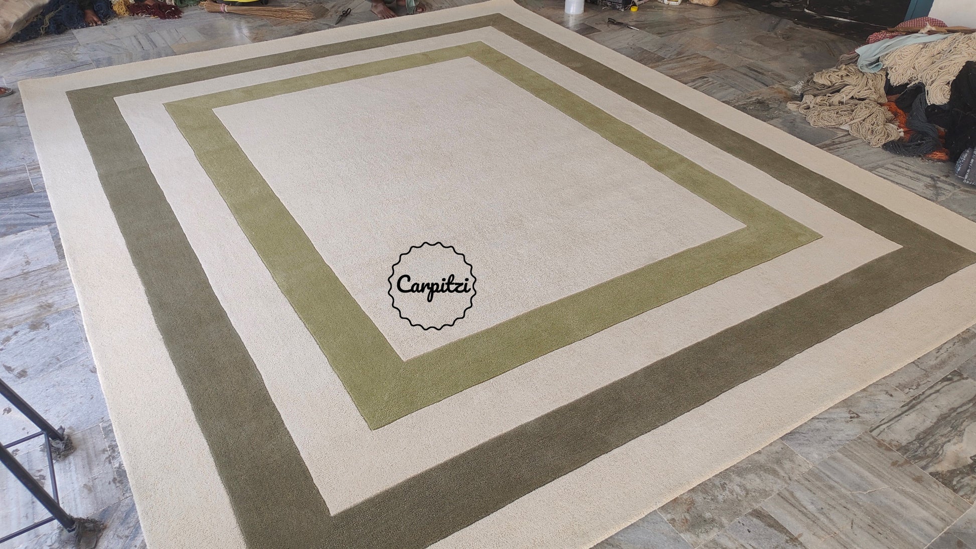 Beige & Olive Green Border Frame Tufted Rug – Minimalist Geometric Carpet Carpitzi