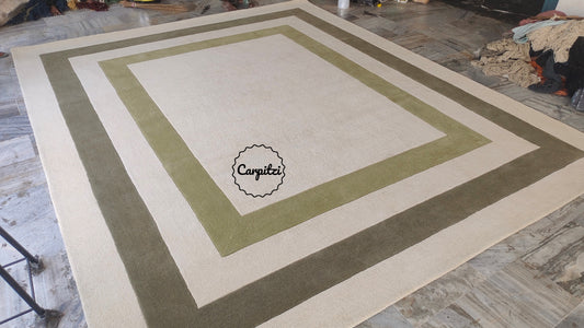 Beige & Olive Green Border Frame Tufted Rug – Minimalist Geometric Carpet Carpitzi