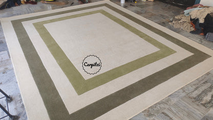 Beige & Olive Green Border Frame Tufted Rug – Minimalist Geometric Carpet Carpitzi