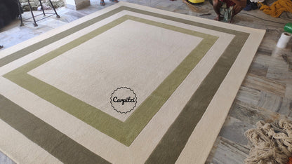 Beige & Olive Green Border Frame Tufted Rug – Minimalist Geometric Carpet Carpitzi
